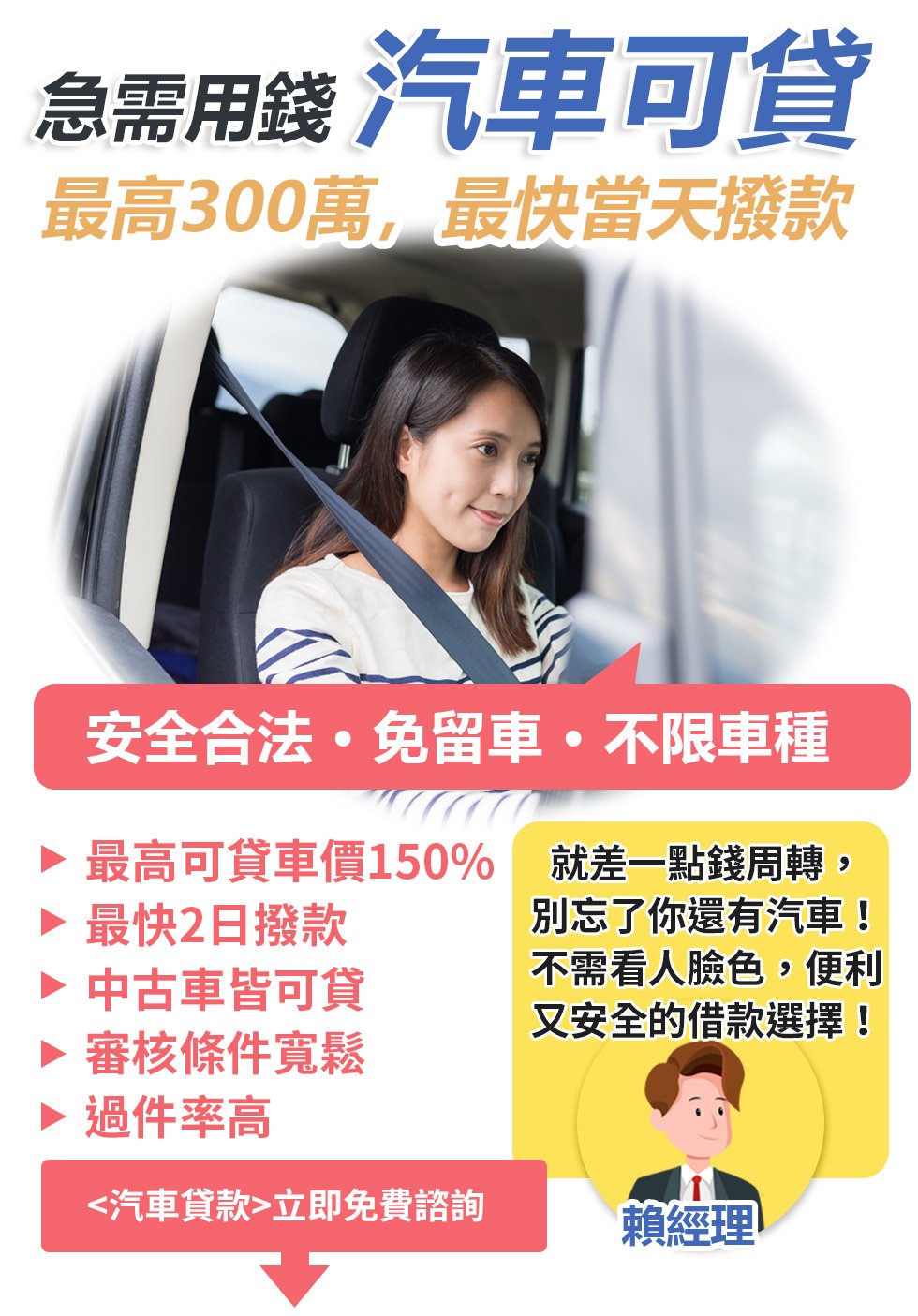 急需用錢汽車可貸，安全合法免留車不限車種，最高300萬，最快當天撥款