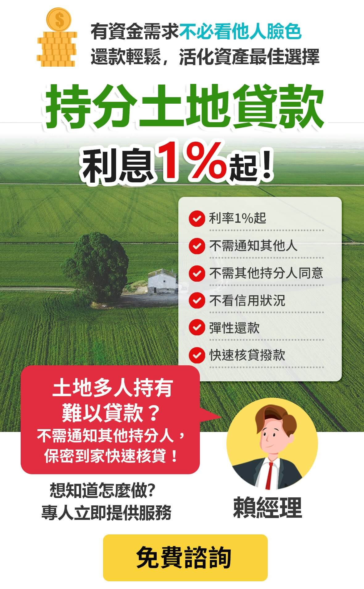 持分土地貸款 利息1%起！