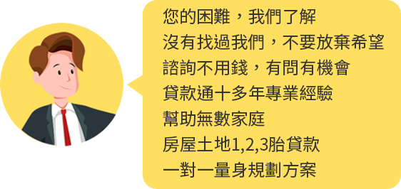 您的困難，我們了解，沒有找過我們，不要放棄希望，諮詢不用錢，有問有機會，貸款通十多年專業經驗，幫助無數家庭，房屋土地1,2,3胎貸款，一對一量身規劃方案